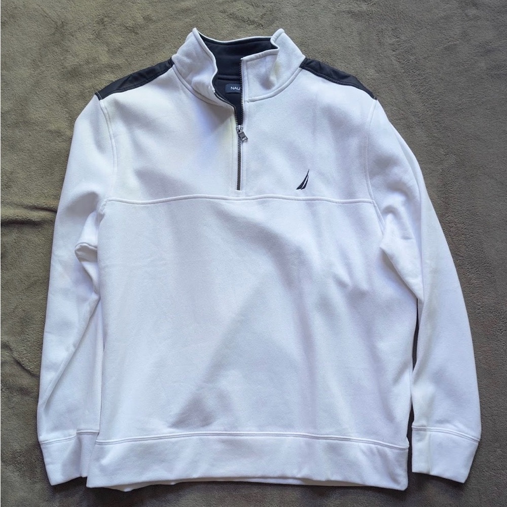 Nautica Men's White Quarter-Zip Sweatshirt with Black Shoulder Panels